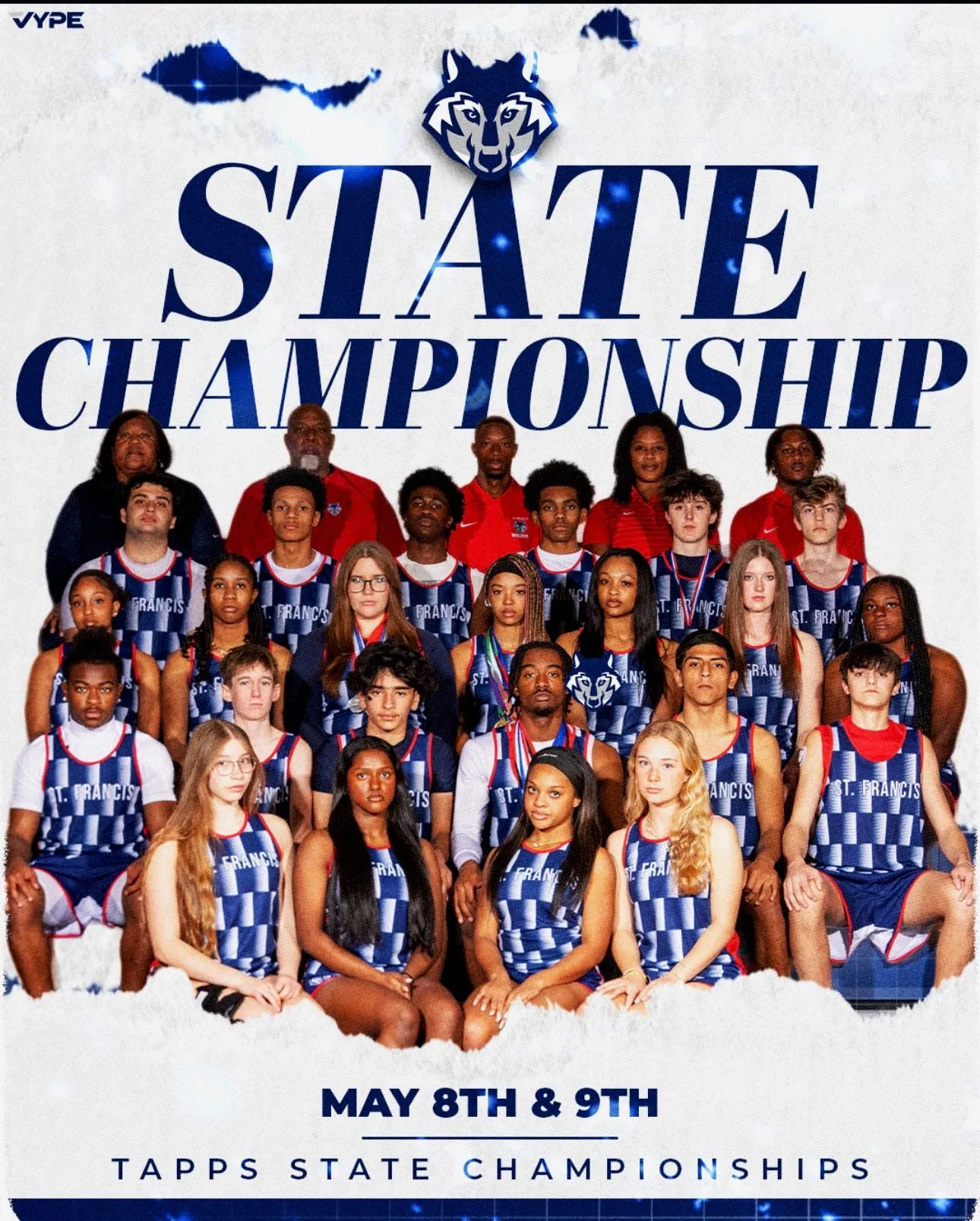 St. Francis student-athletes and coaches pictured together beneath a State Championship banner